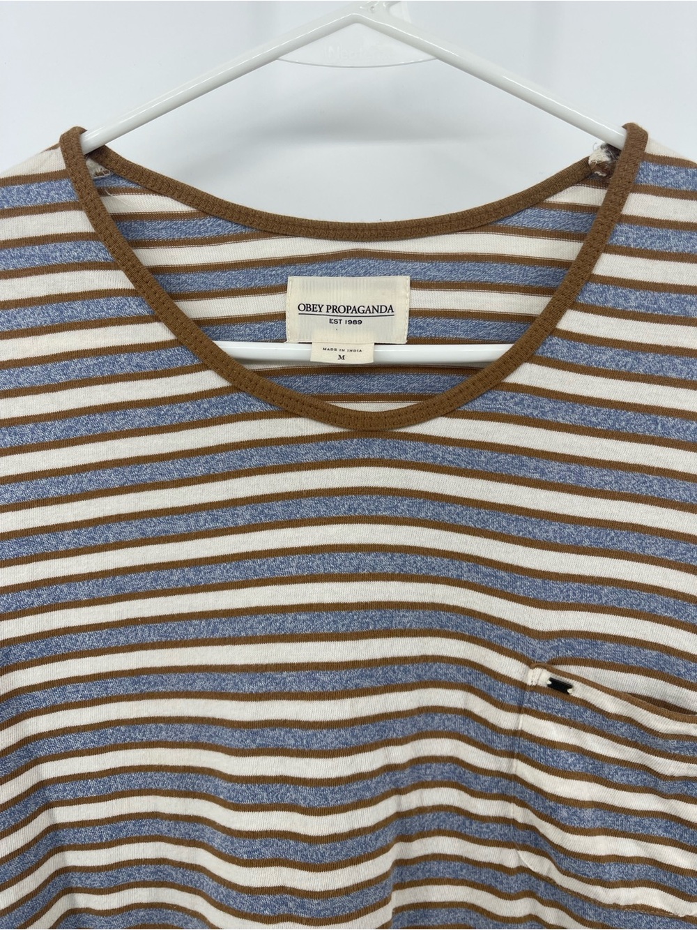 Men’s Obey Brown, Blue & Cream  Striped Short Sleeve Tee